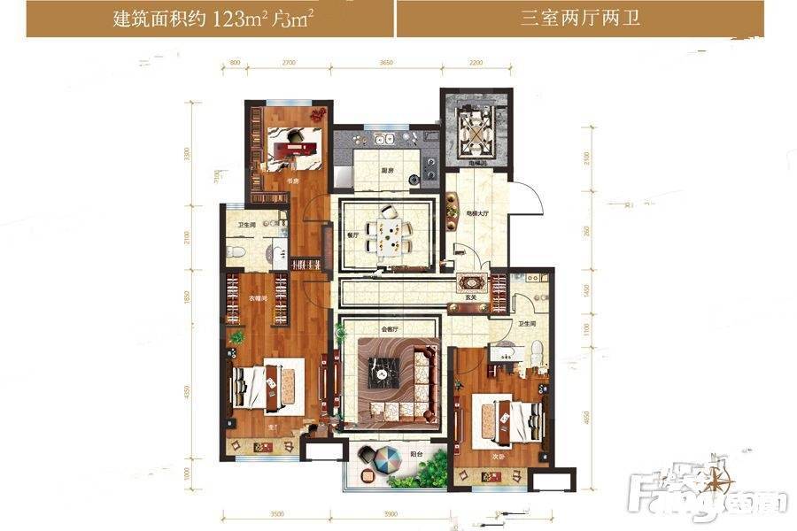 伊泰华府云玺3室2厅2卫123㎡户型图