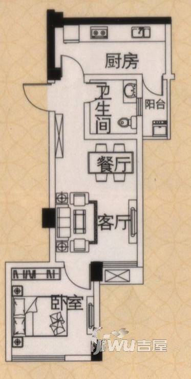 花园崇尚国际1室2厅1卫46.2㎡户型图