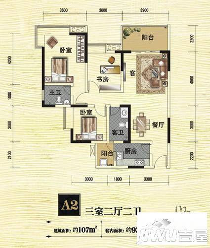 香榭里大道3室2厅2卫107㎡户型图