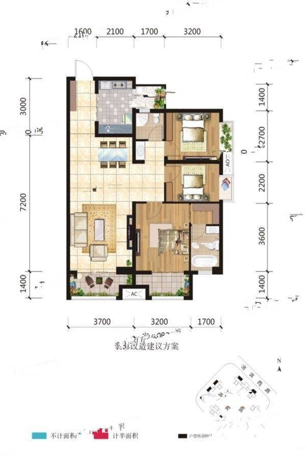 绵阳CBD万达二期观澜3室2厅2卫99㎡户型图