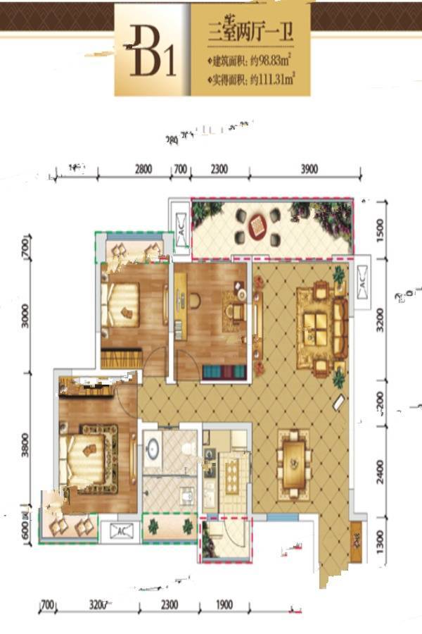 兴发江岸公馆3室2厅2卫98㎡户型图