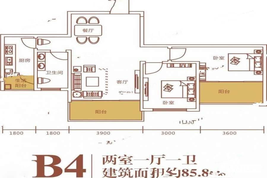 浪琴湾三期2室1厅1卫85.9㎡户型图