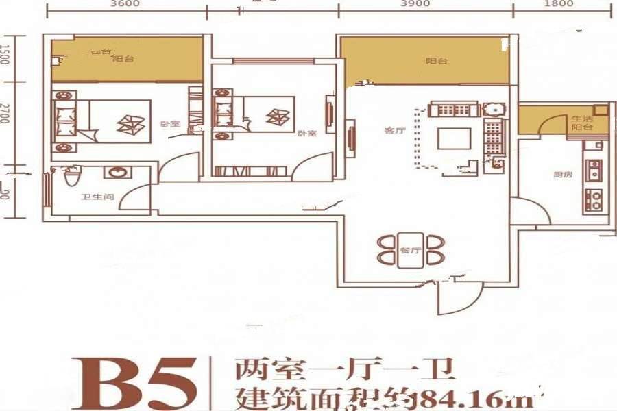 浪琴湾三期2室1厅1卫84.2㎡户型图