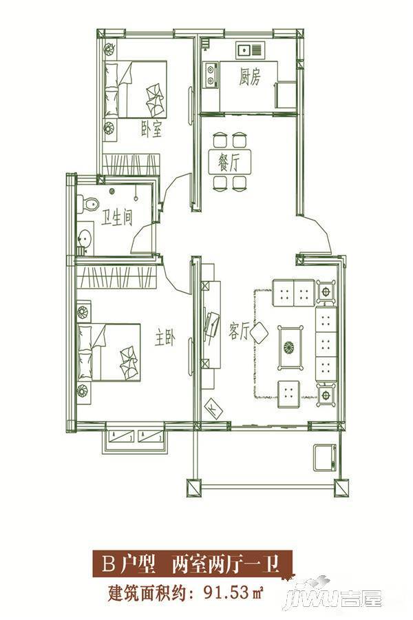 兰庭雅郡2室2厅1卫91.5㎡户型图