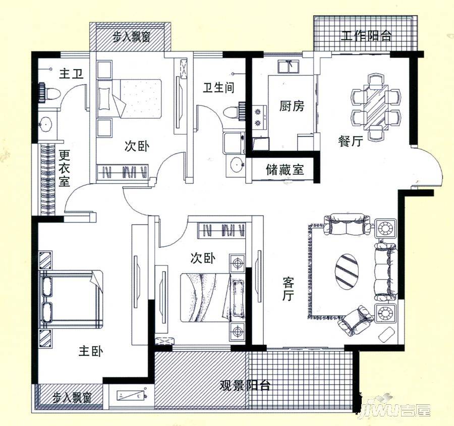 水岸国际观景阁3室2厅2卫141.5㎡户型图