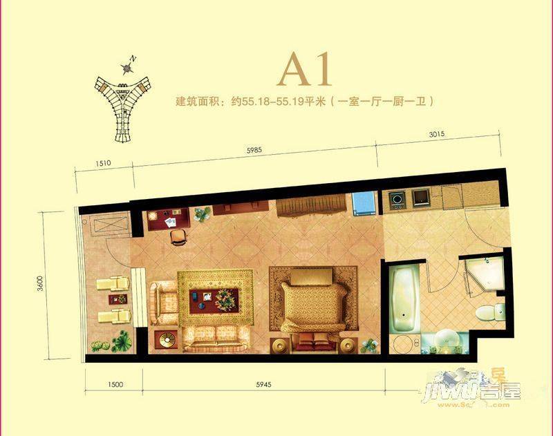 海天翼（海天印象）1室1厅1卫55.2㎡户型图