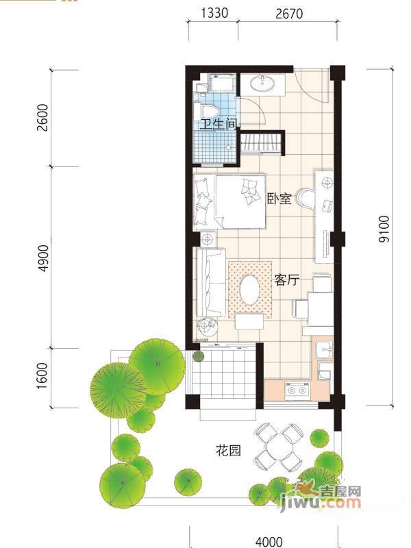 海立方1室1厅1卫44.4㎡户型图