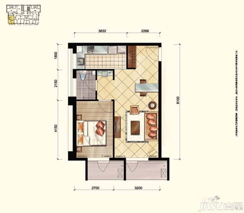 澳景蓝湾1室2厅1卫60.1㎡户型图