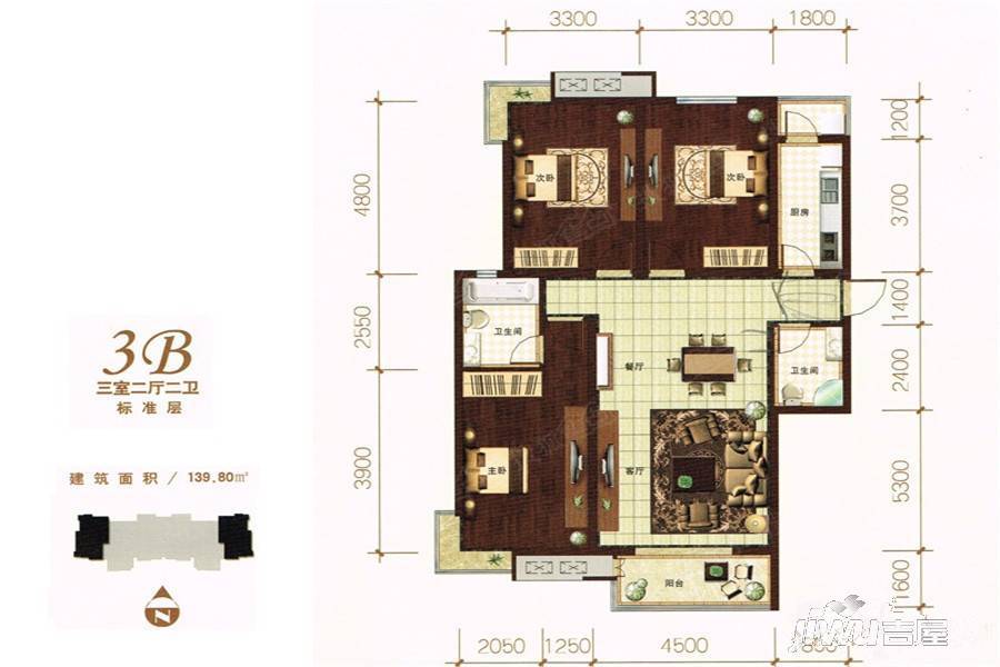 雅绅鸿居3室2厅2卫139.2㎡户型图