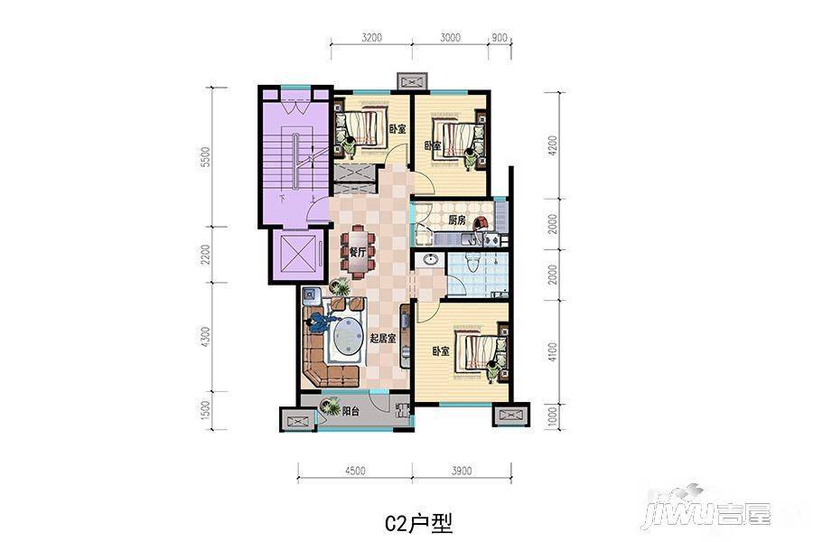 上风上水领地3室2厅1卫106.9㎡户型图