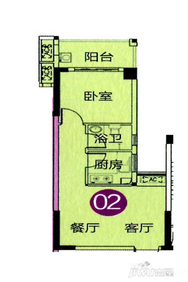 怡景海逸雅苑1室2厅2卫51.3㎡户型图