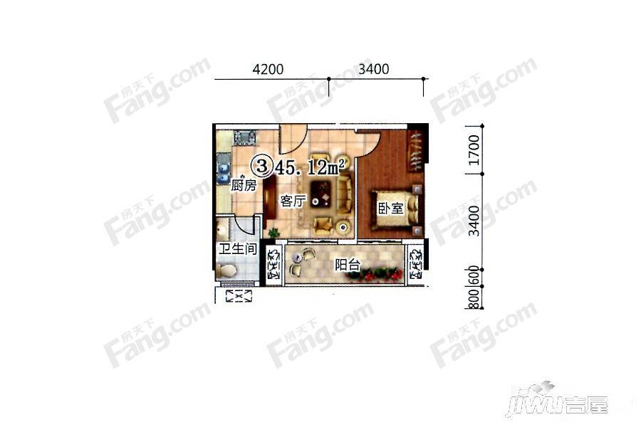 诚品嘉园1室1厅1卫45.1㎡户型图