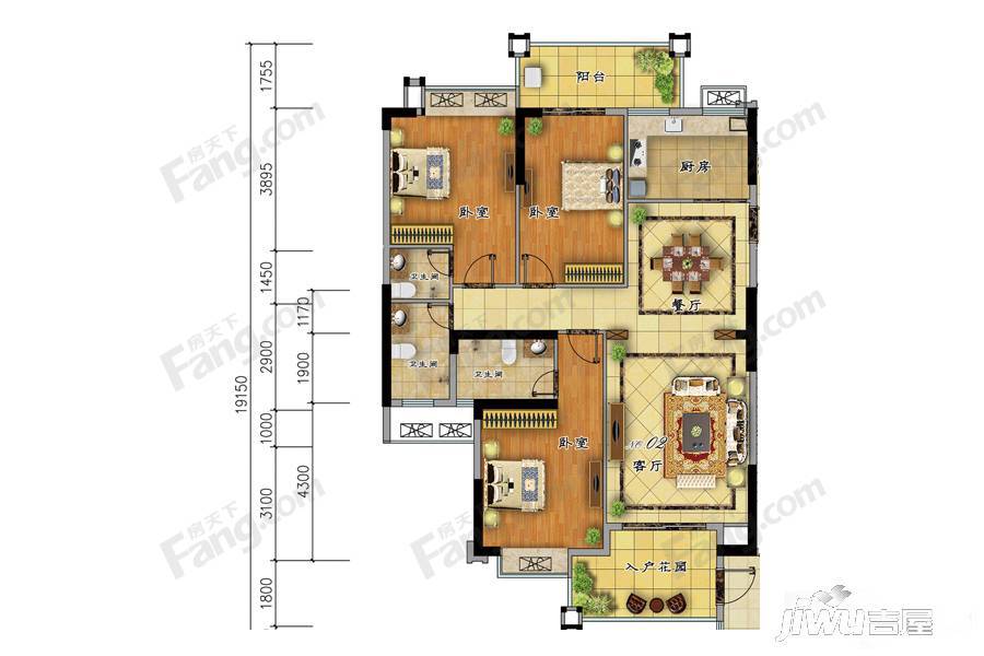 中冠华府3室2厅3卫159.4㎡户型图