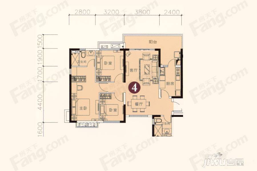 恒大金碧御景湾3室2厅2卫122㎡户型图