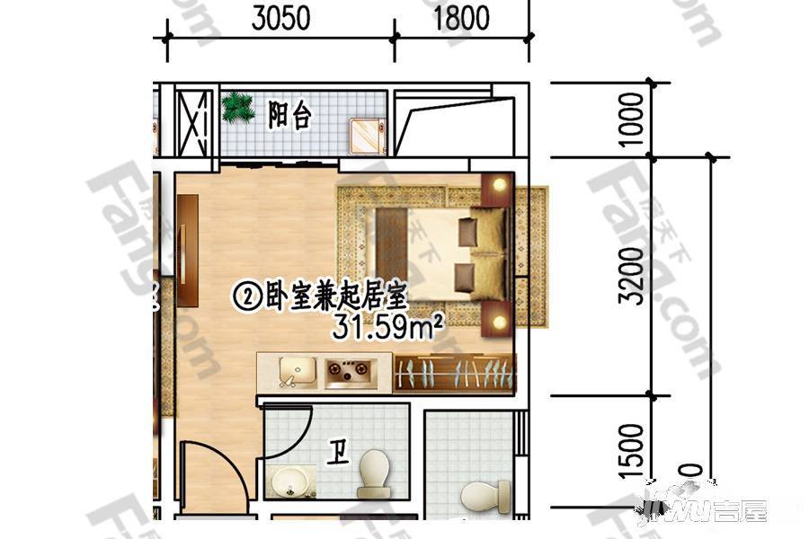 米公寓1室1厅1卫31.6㎡户型图