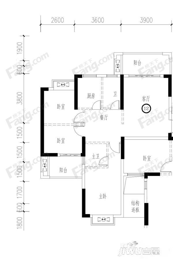 四季园3室2厅2卫90㎡户型图