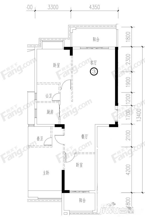 四季园3室2厅2卫120.5㎡户型图