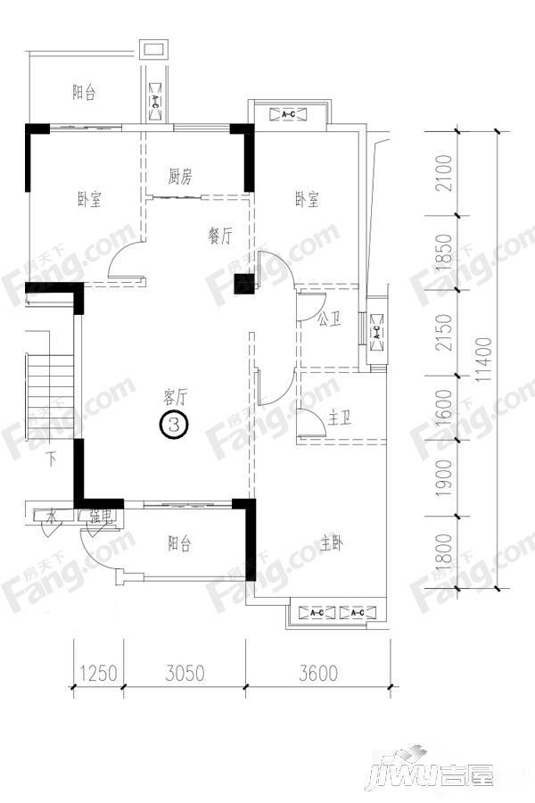 四季园3室2厅2卫110.7㎡户型图