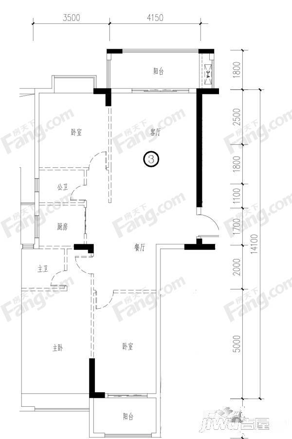 四季园3室2厅2卫124.8㎡户型图