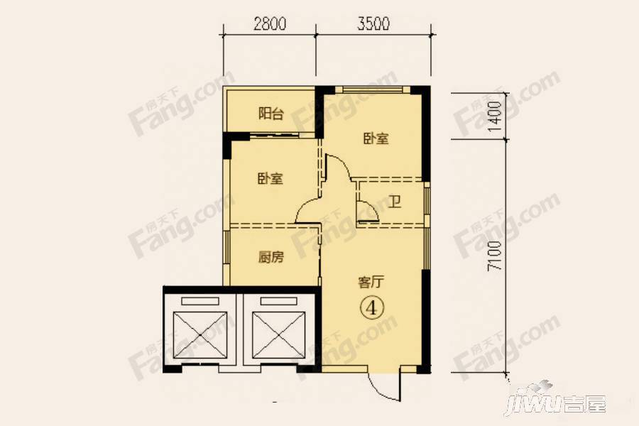 四季园2室1厅1卫53㎡户型图