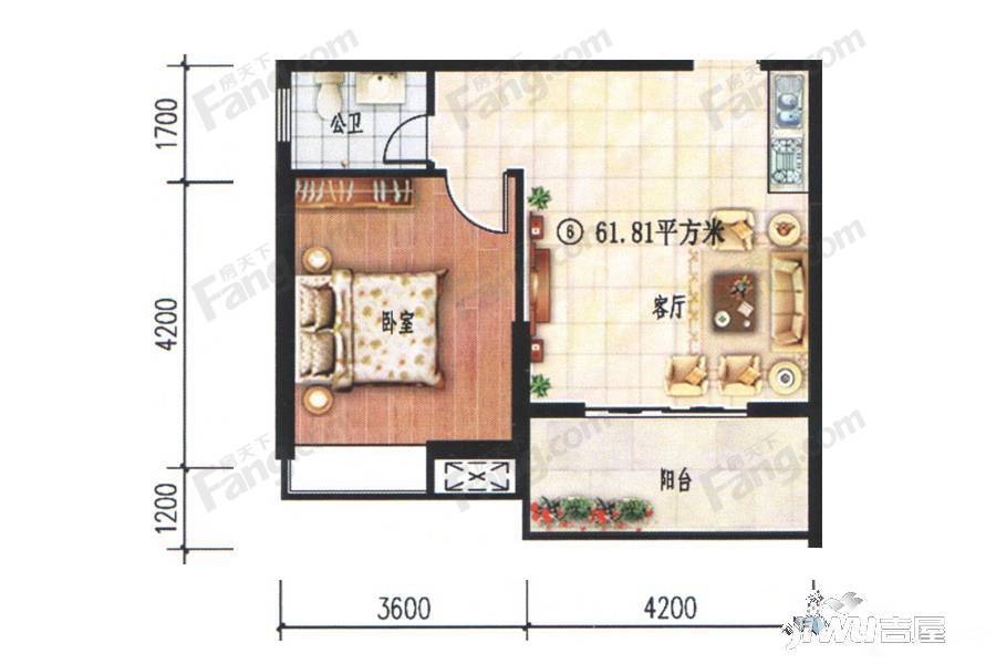 南洋珠池路1室1厅1卫61.8㎡户型图