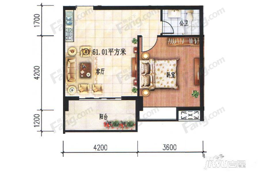 南洋珠池路1室1厅1卫61㎡户型图