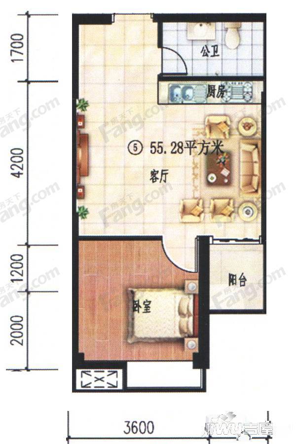 南洋珠池路1室1厅1卫55.3㎡户型图