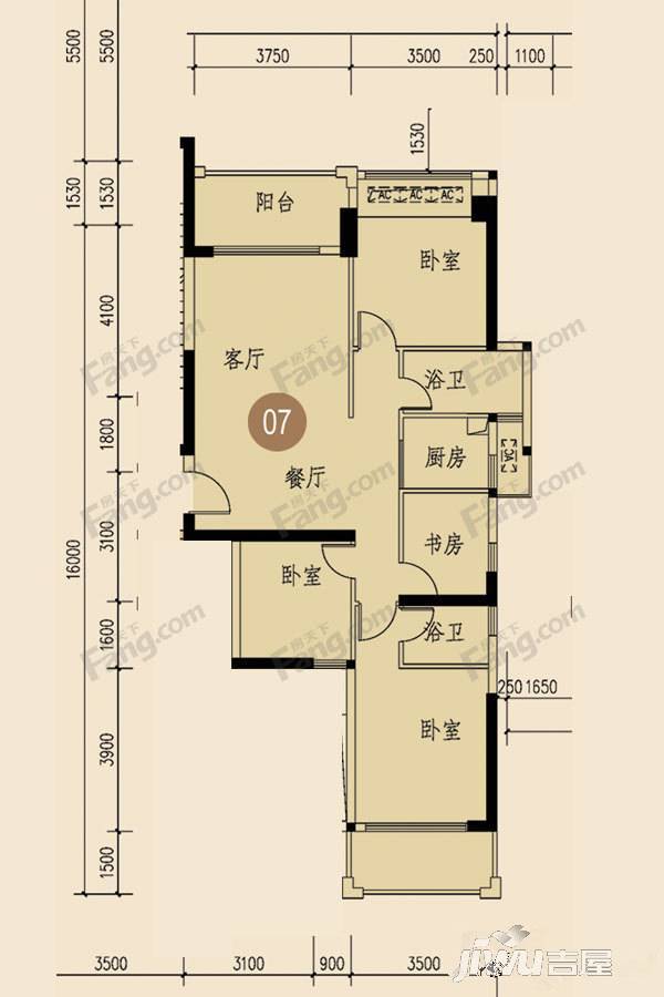 国瑞园3室2厅2卫105㎡户型图