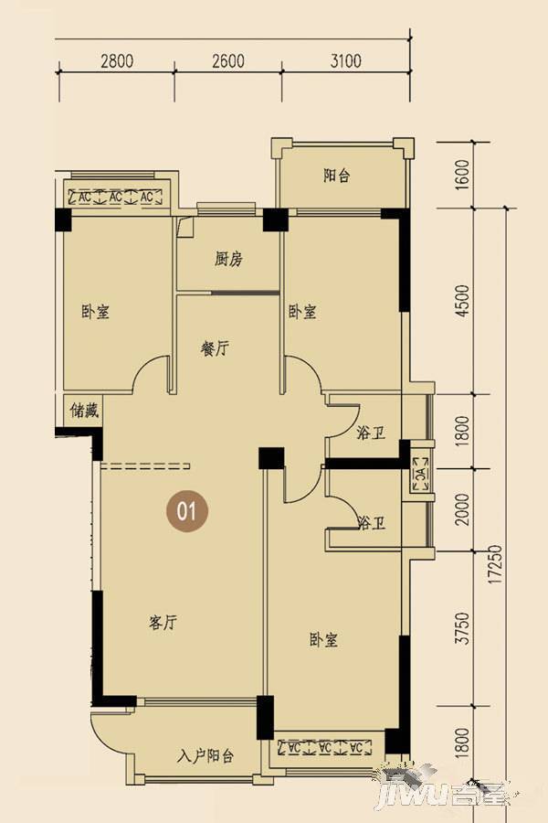 国瑞园3室2厅2卫125.7㎡户型图