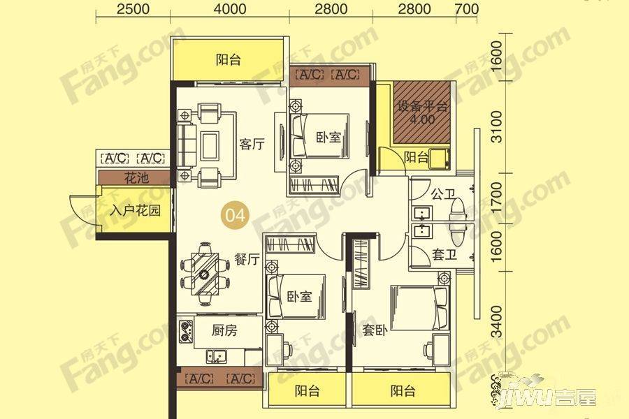 悦府3室2厅2卫124㎡户型图