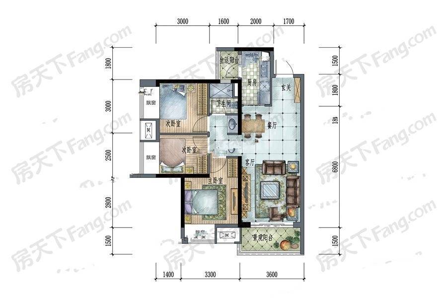 和府3室2厅1卫88㎡户型图