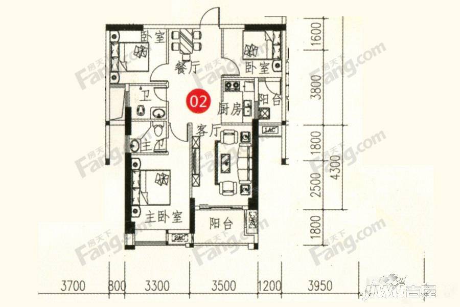 清华熙园3室2厅2卫100.8㎡户型图