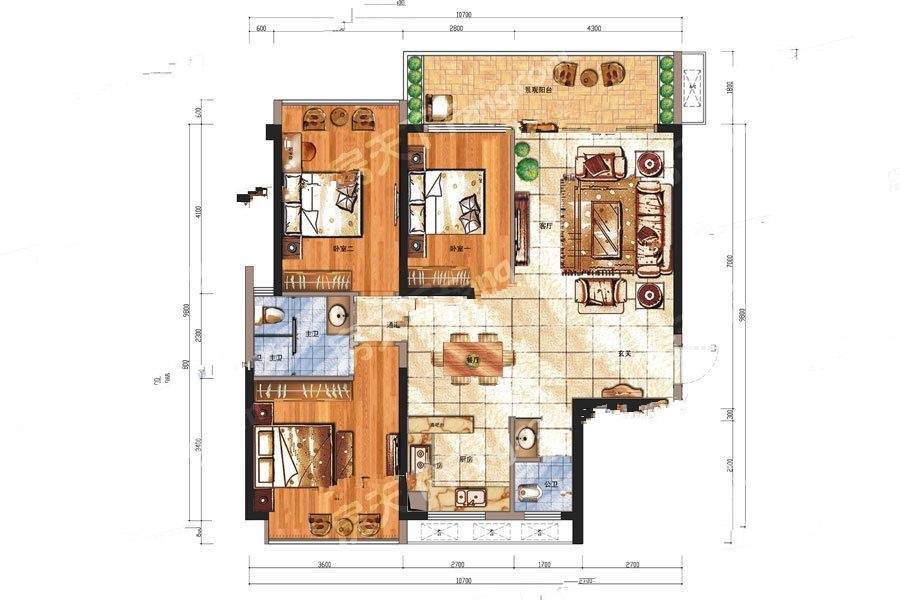 华悦春天3室2厅2卫116㎡户型图