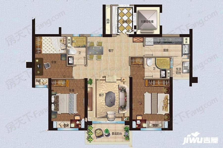 珑悦府3室2厅2卫117㎡户型图