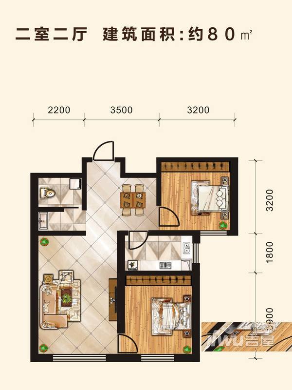 俊发百合名苑2室2厅1卫80㎡户型图