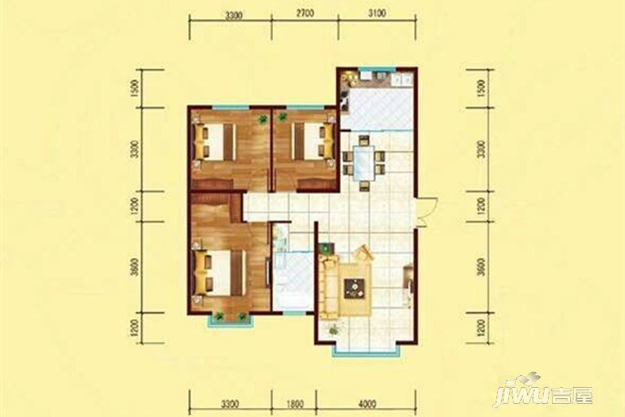 溪语原筑3室2厅1卫104.8㎡户型图