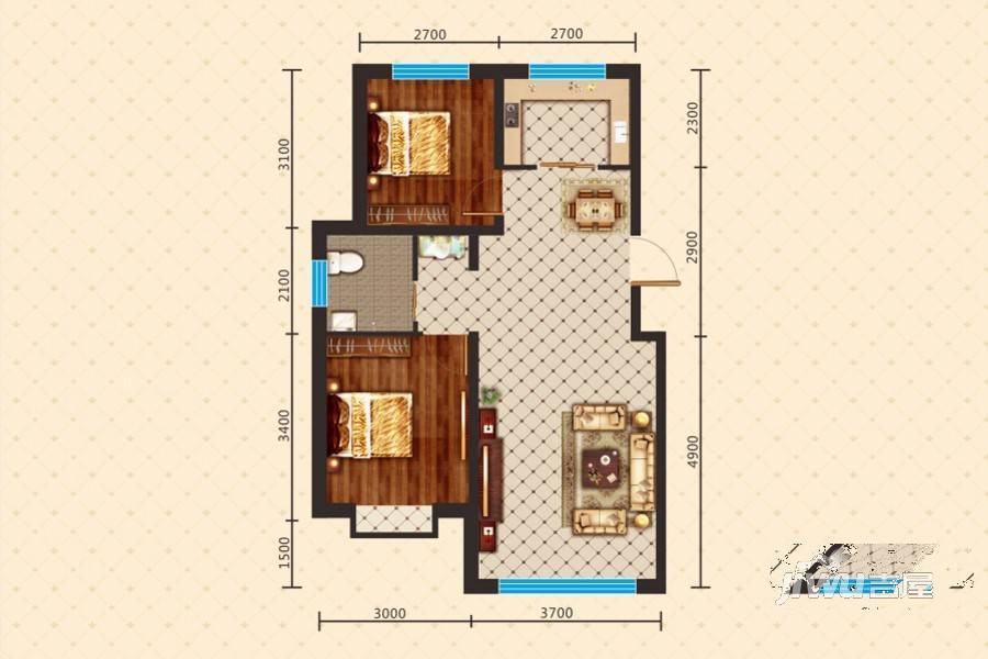 宝青丽景天成2室2厅1卫79.5㎡户型图