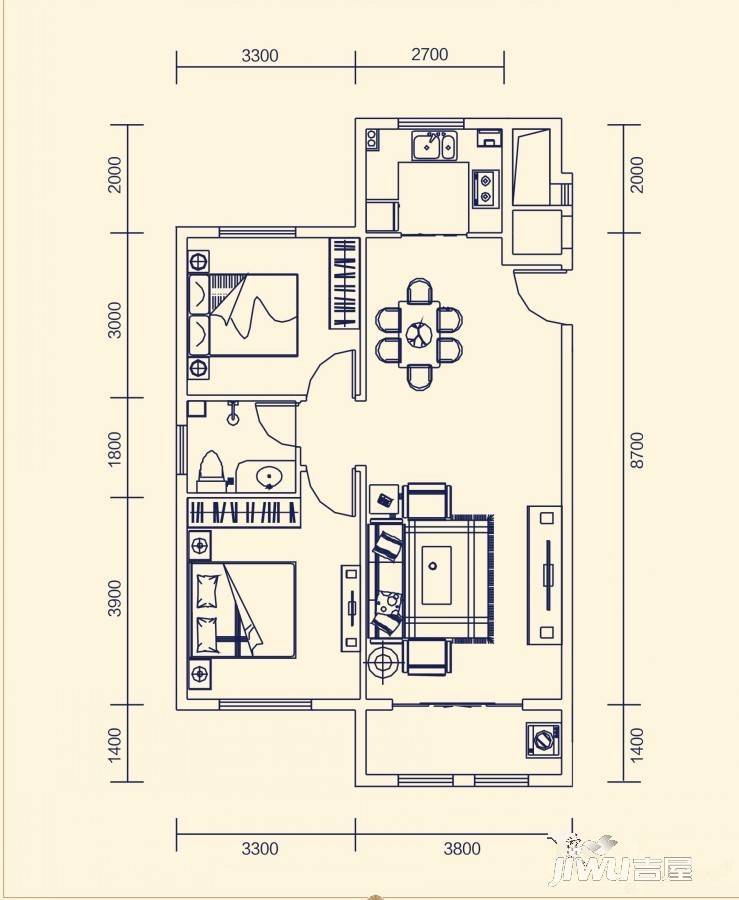 恒源名居2室2厅2卫92.7㎡户型图