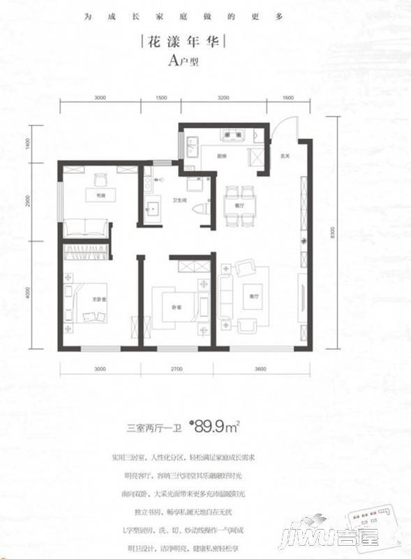 万科城市之光3室2厅1卫89.9㎡户型图