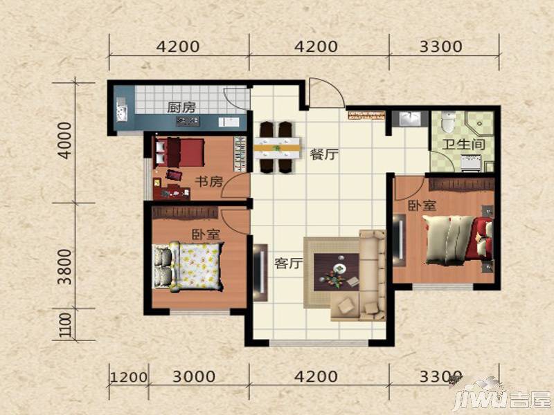 香林美庭3室2厅1卫108.5㎡户型图