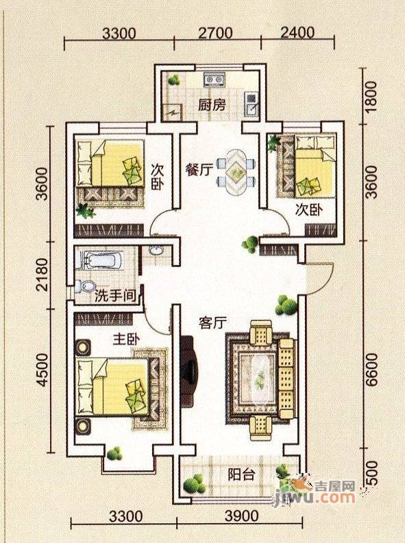 通源·里城3室2厅1卫104㎡户型图