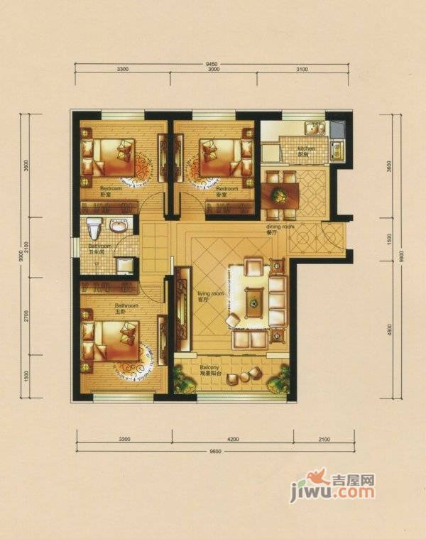 中建苏香台壹号3室2厅1卫108.3㎡户型图