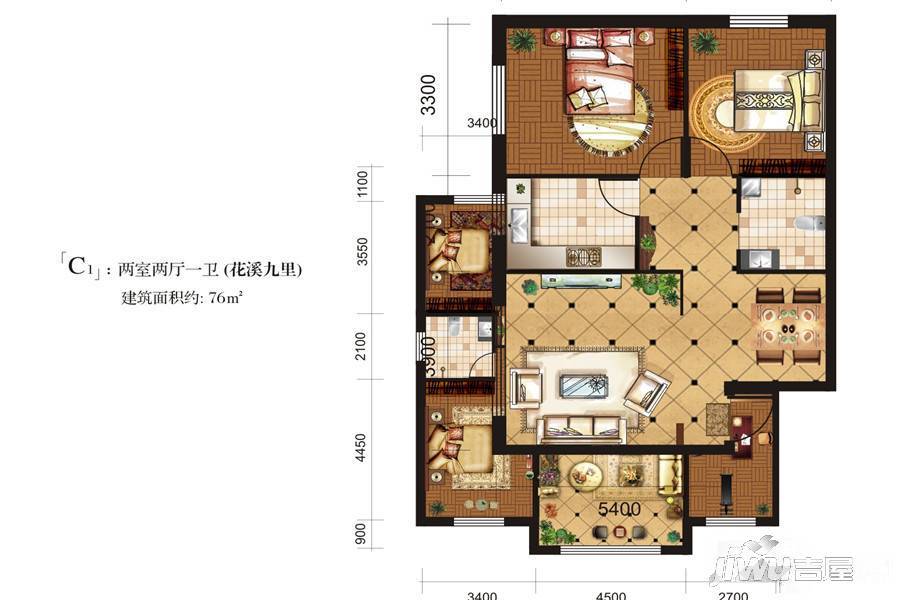 蓝天森林花苑五期2室2厅1卫76㎡户型图