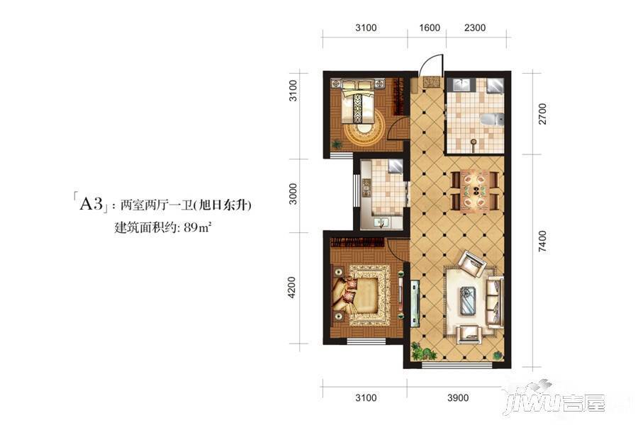 蓝天森林花苑五期2室2厅1卫89㎡户型图