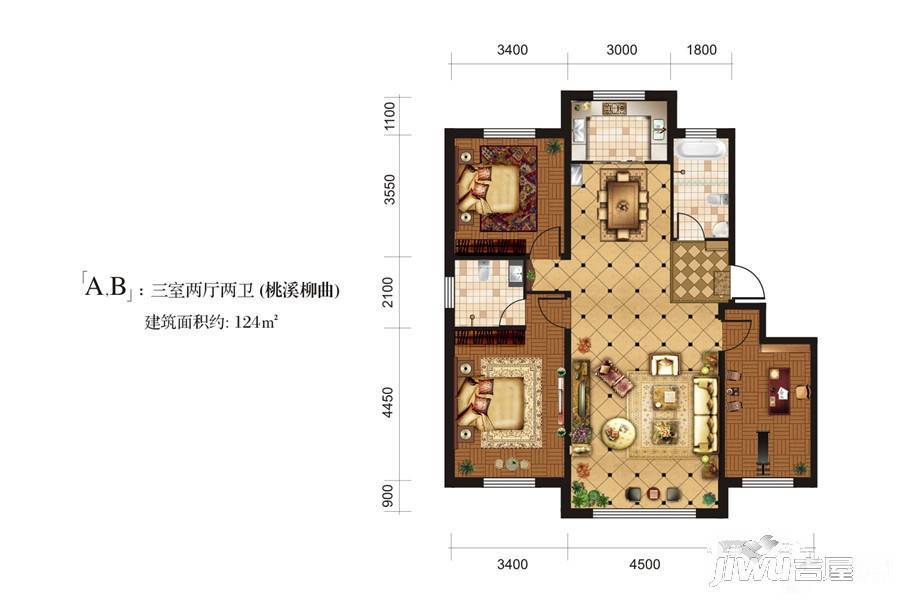 蓝天森林花苑五期3室2厅2卫124㎡户型图