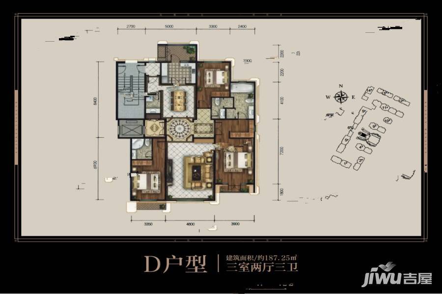 昆仑府3室2厅3卫187.3㎡户型图