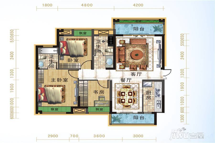 宜化绿洲新城3室2厅2卫106.6㎡户型图