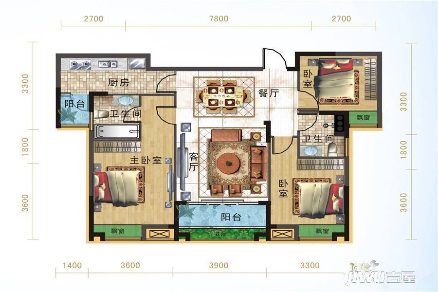 宜化绿洲新城3室2厅2卫114.6㎡户型图