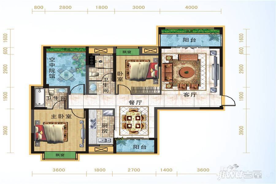 宜化绿洲新城2室2厅2卫108.9㎡户型图