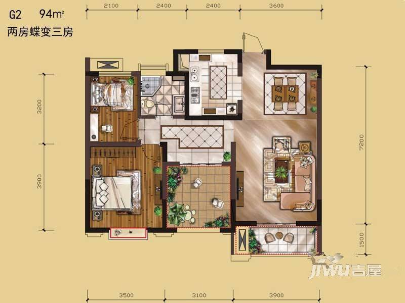 山水华庭2室2厅1卫94㎡户型图